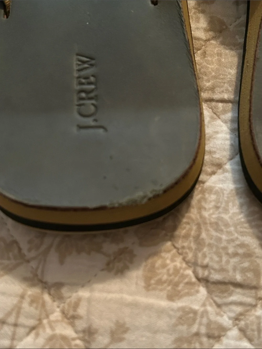 J. Crew Dark Green and Tan Leather Flip Flops